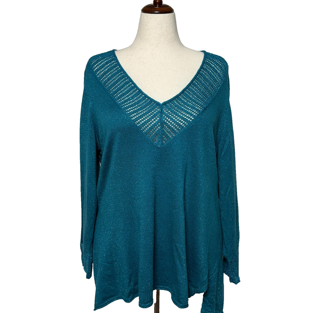 Catherines Sweater 2X 22-24W Teal Blue Green Metallic Sequin Open Knit Neckline